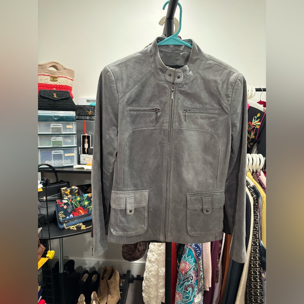 561. Alfani Genuine Leather Grey Metallic Jacket